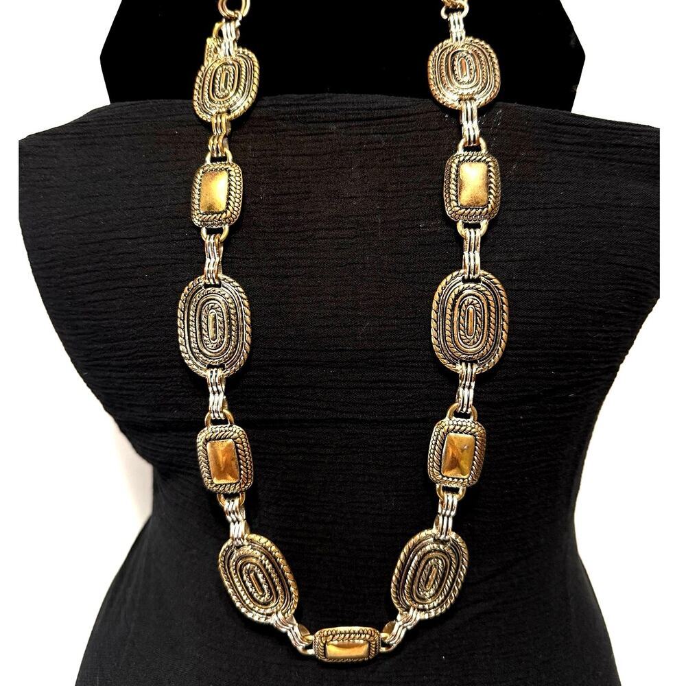 Vintage Two-Tone Link Statement Necklace – 13” Drop
